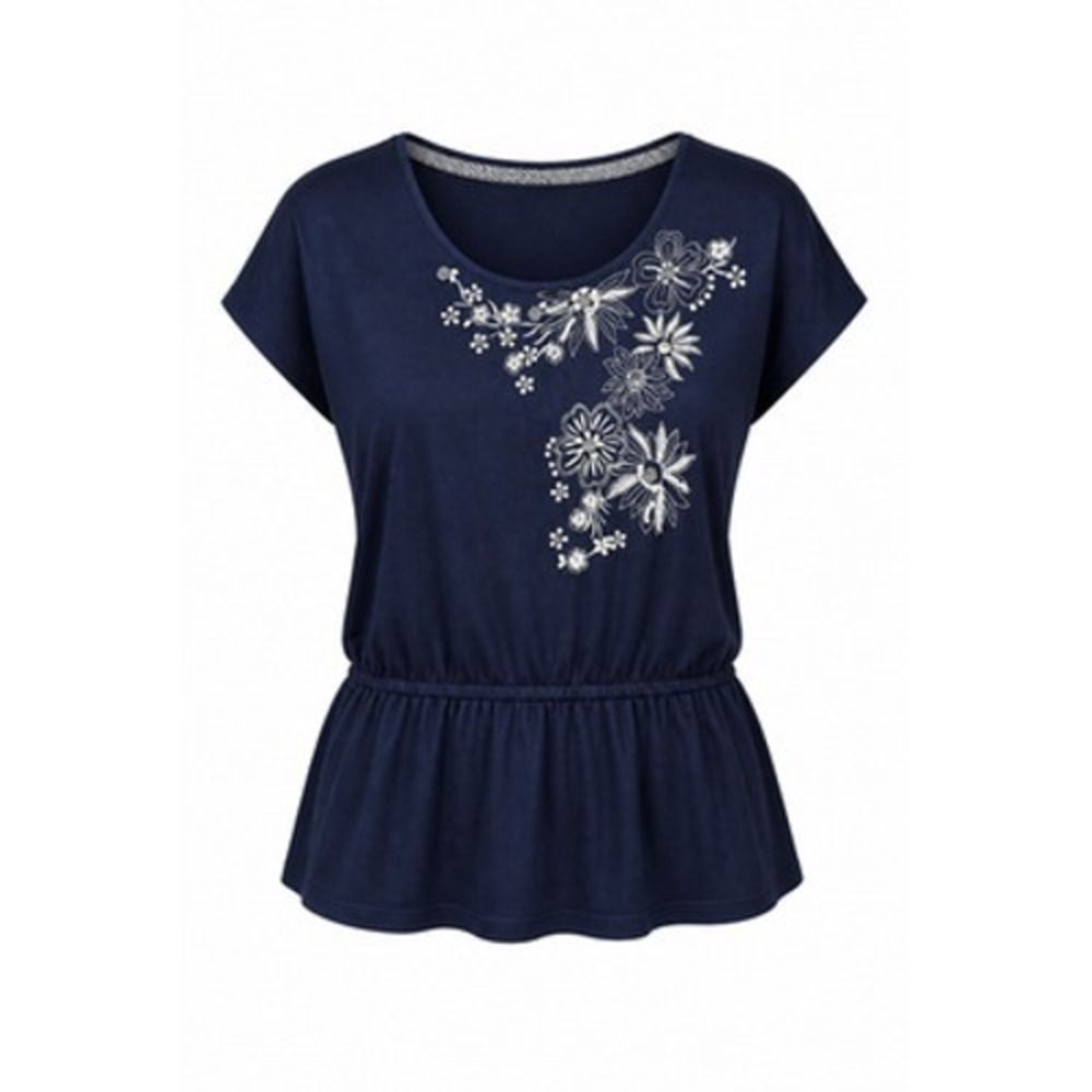 Alfred Dunner Shirt Women M Blue Floral Embroidered Peplum Tunic Top Beaded